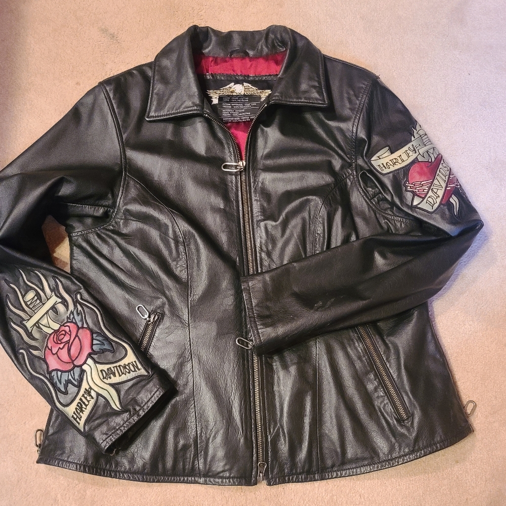 Harley-Davidson Black Leather Jacket with Rose Patches